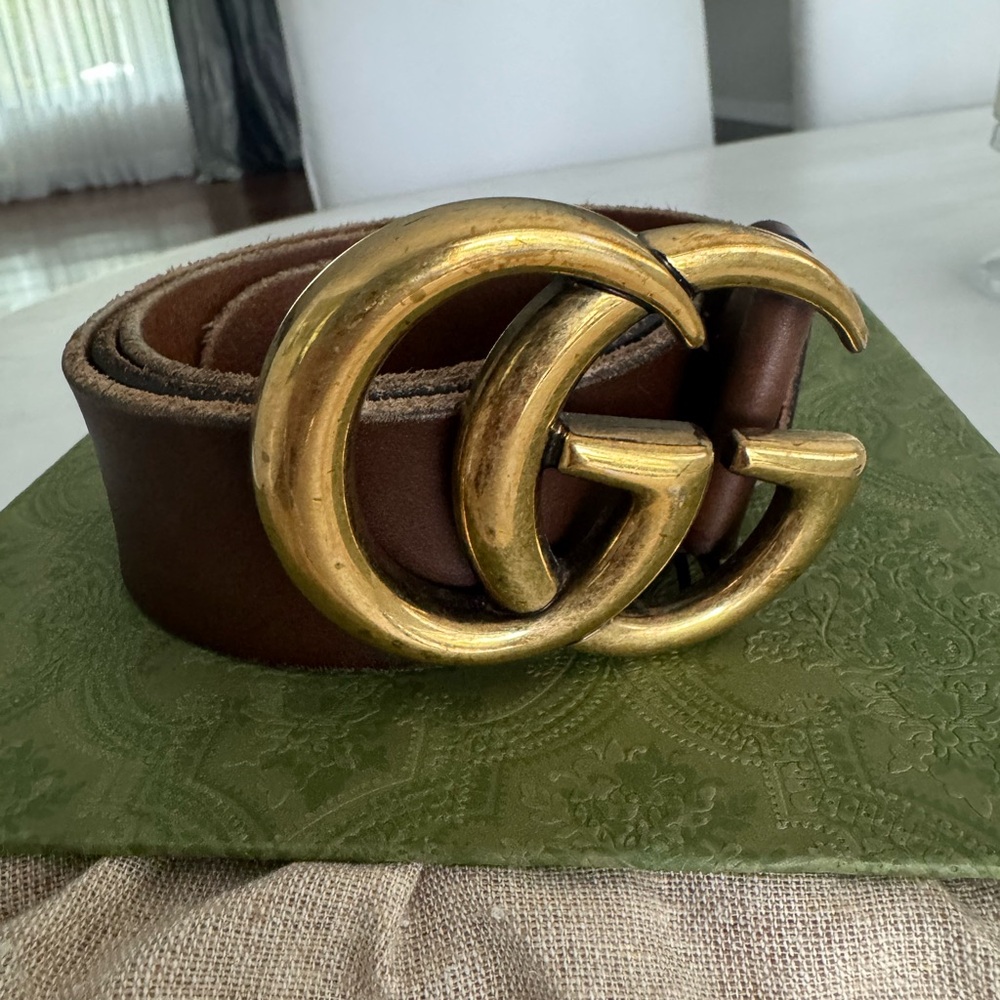 Gucci Gold Brown Leather Belt Iconic Design